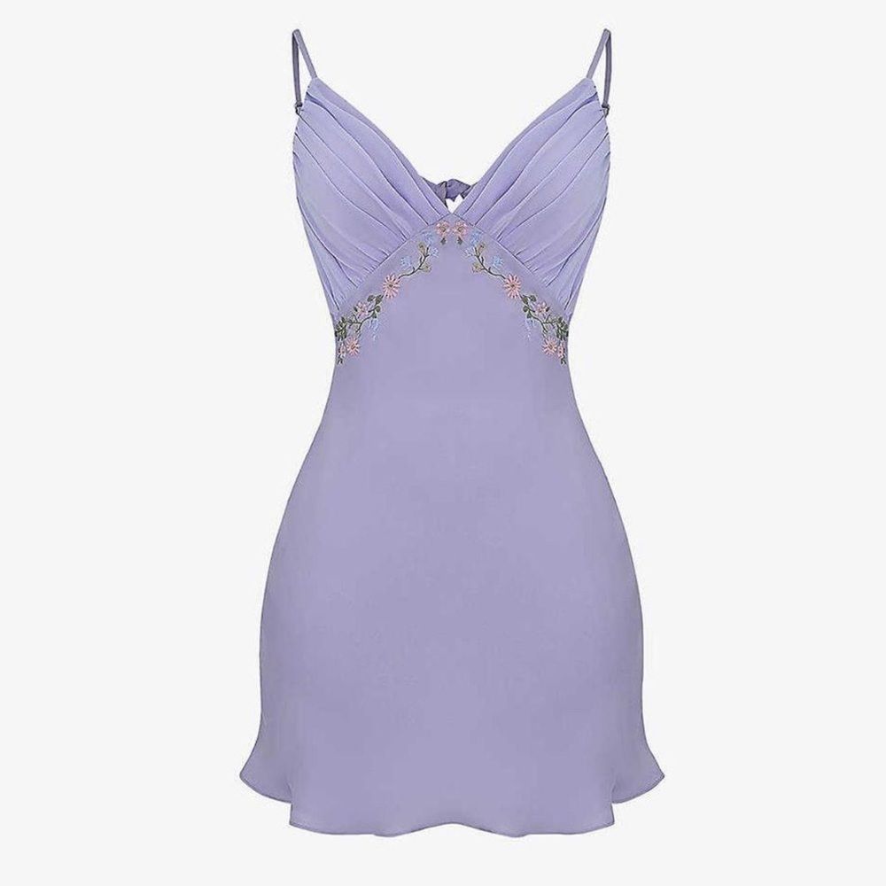 House Of Cb Embroidered Floral Plunge Satin Tie-Back Mini Dress L - Lavender